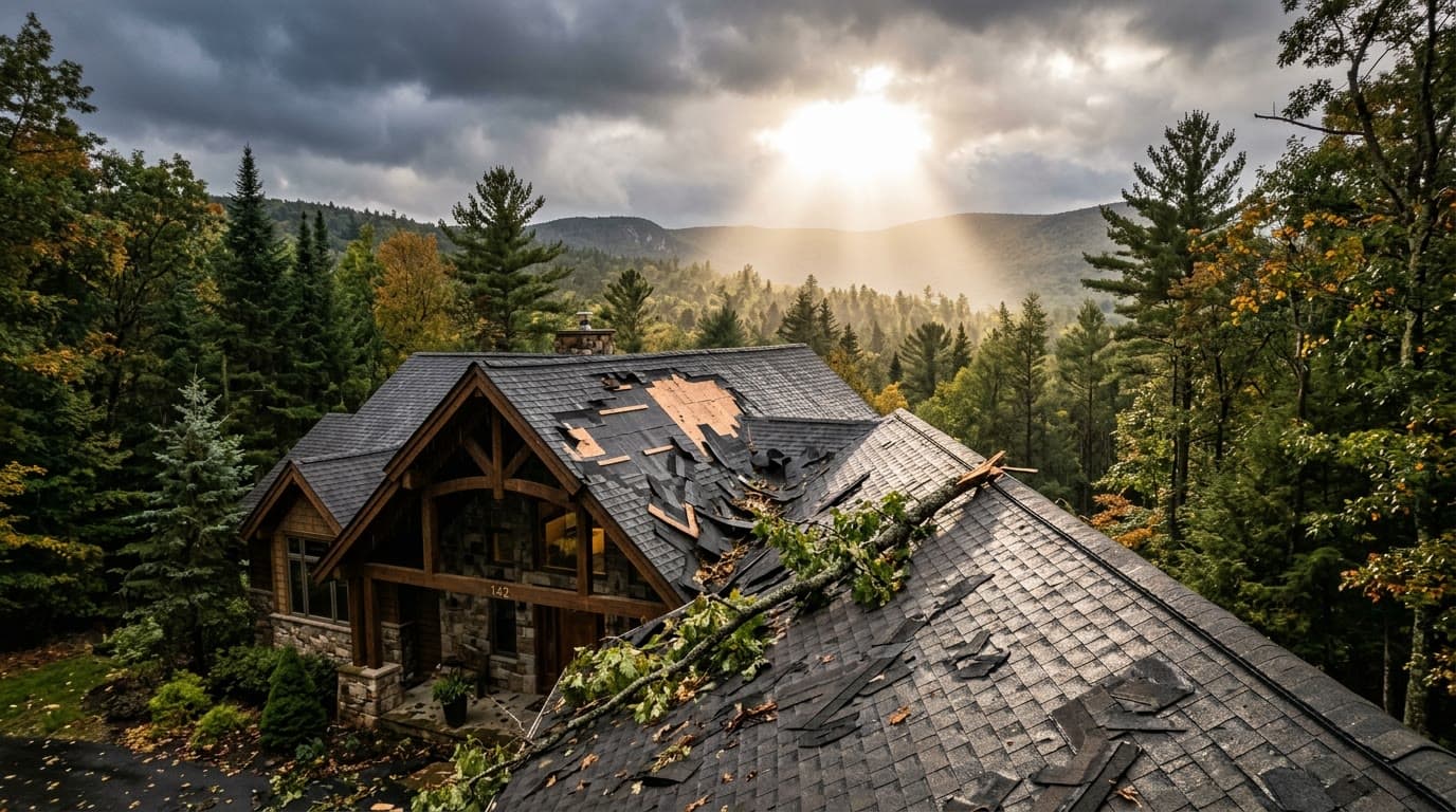 Storm clouds over a Poconos home — roof insurance guidance