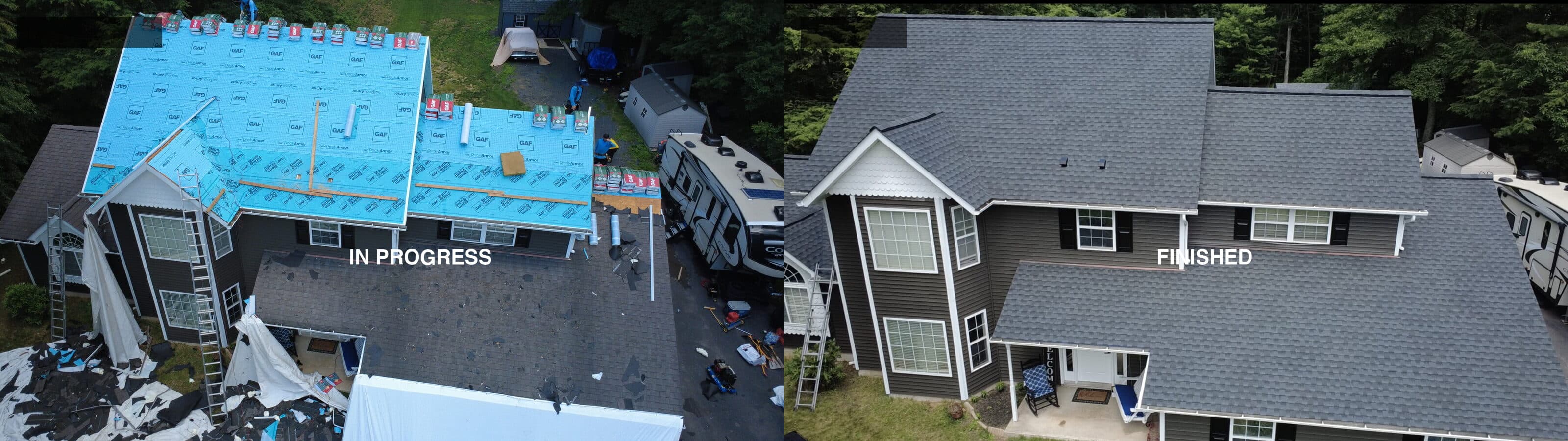 In-progress and finished aerial view of a Monroe County roof replacement