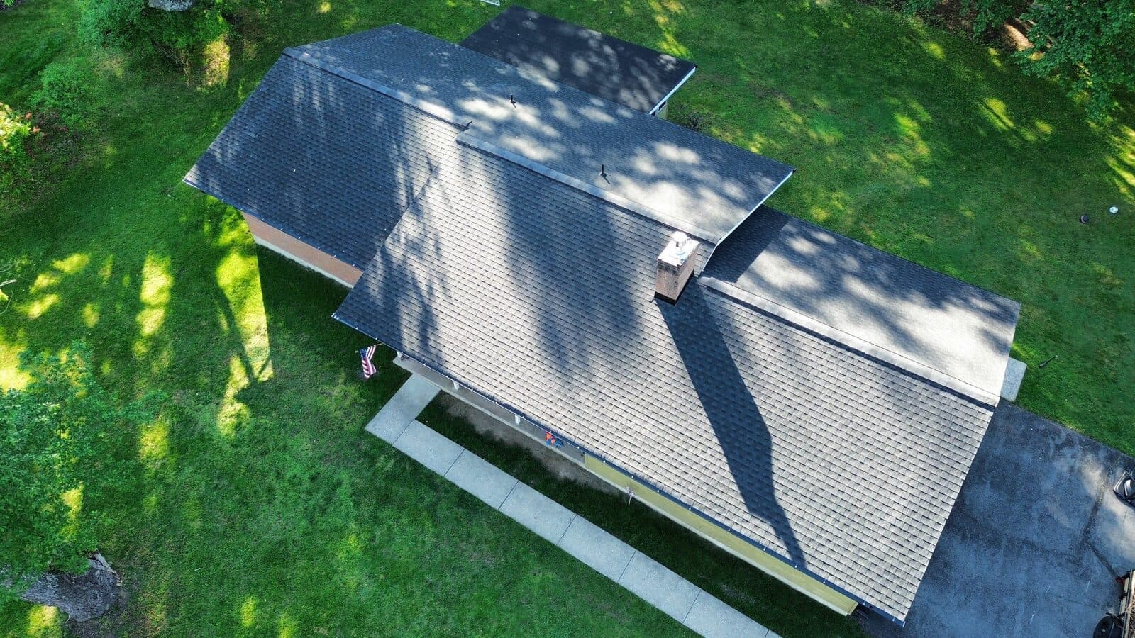 Aerial view of a completed Stroudsburg area roof project by Ten Point Roofing