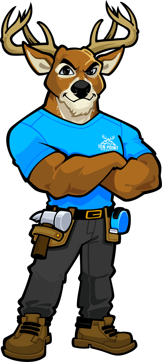 Ten Point Roofing mascot — the ten-point buck in a bright blue tee, tool belt, arms crossed